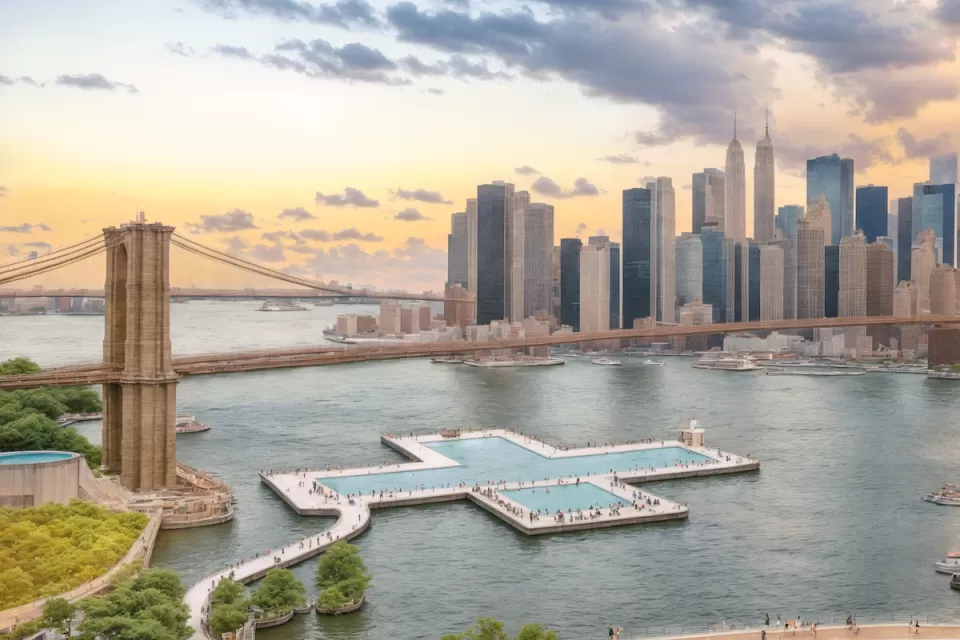 Rendering of plus-shaped floating pool next to Brooklyn Bridge in East River.